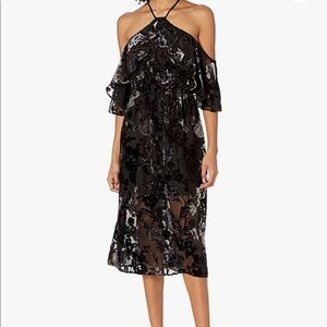 Black floral velvet cold shoulder midi dress.